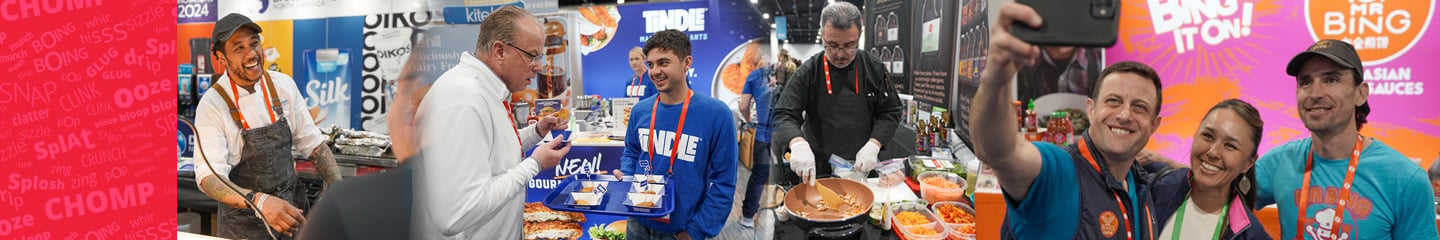 Collage of exhibitors cooking, serving samples, and meeting people at their trade show booths