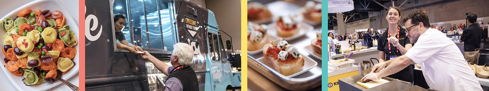 Four images of food, a food truck, and someone preparing food at our trade show.