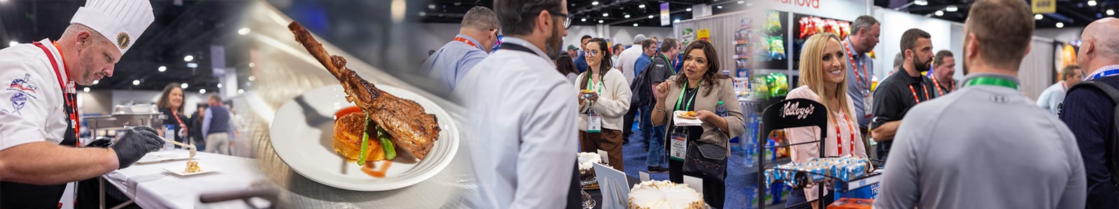 Collage of people talking and eating on trade show floor, chef preparing food, and meat dish